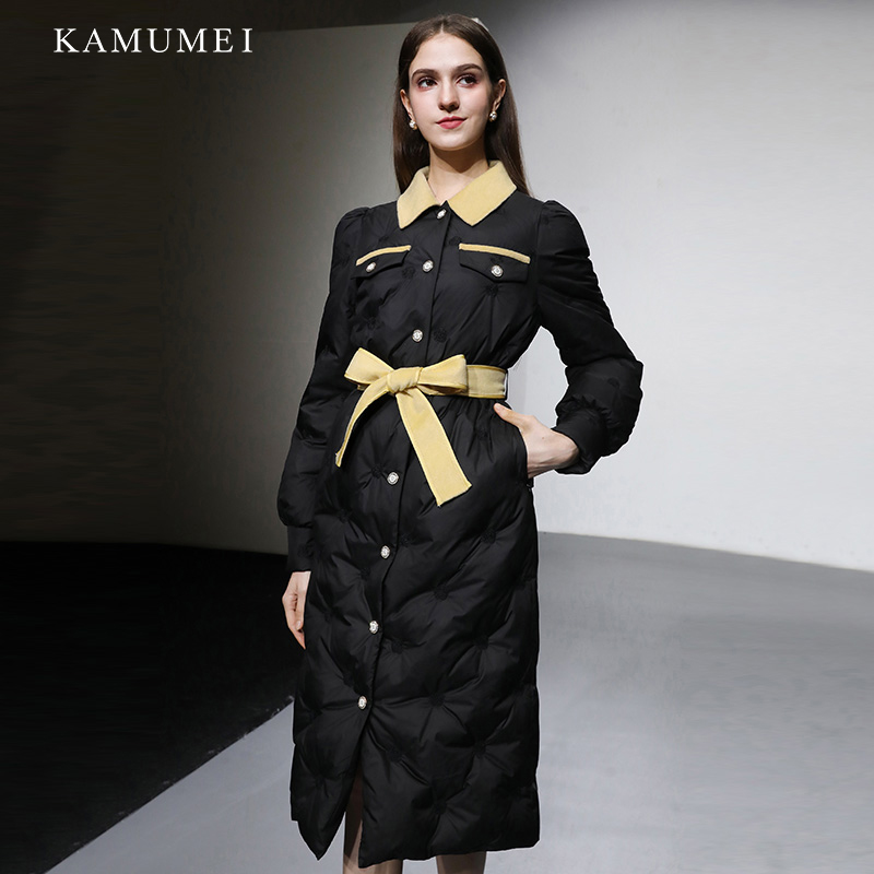 2025冬气质简约拼色翻领单排扣腰带收腰灯笼袖小A摆中长款羽绒服