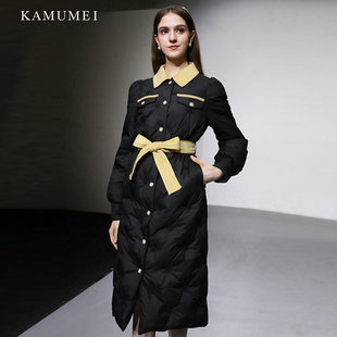 2025冬气质简约拼色翻领单排扣腰带收腰灯笼袖小A摆中长款羽绒服