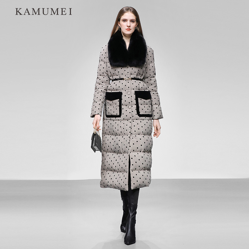 2025冬季新款女装时尚复古环保狐狸毛翻领中长款收腰羽绒服外套