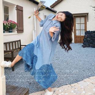 裙 实拍蓝色流苏拼接连衣裙女中长款 夏新款 韩版 宽松休闲POLO领衬衫
