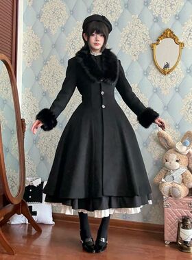 魔女的祷告 冬季新款哥特暗黑系lolita重工收腰中长款毛呢大衣女