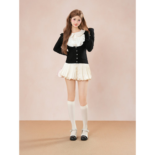 甜撩因子 甜美学院风荷叶边娃娃领背心+针织开衫+花苞裙三件套秋