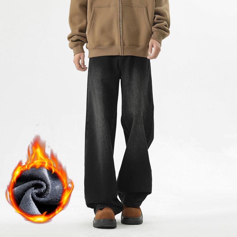 加绒潮牌高街美式复古水洗做旧牛仔裤男女潮流宽松阔腿直筒牛仔裤