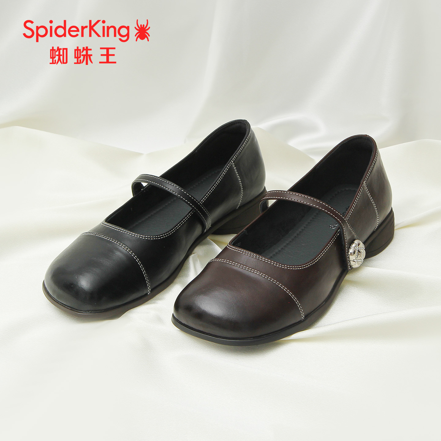 SPIDER KING/蜘蛛王正品女玛丽珍鞋2025秋新款法式一字扣浅口粗跟