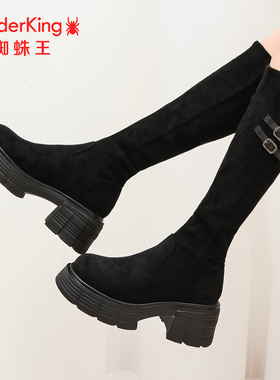 SPIDER KING/蜘蛛王正品女高筒靴2025冬新款薄绒袜靴显瘦厚底增高