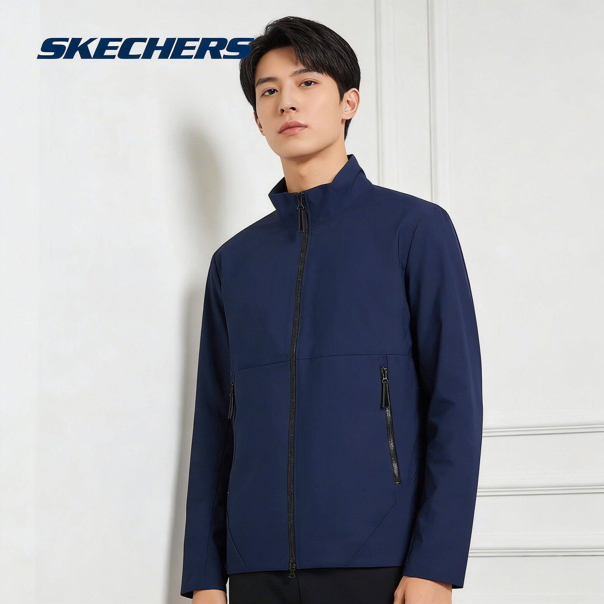 斯凯奇新品男款立领潮流设计针织外套运动休闲拉链藏青色舒适百搭