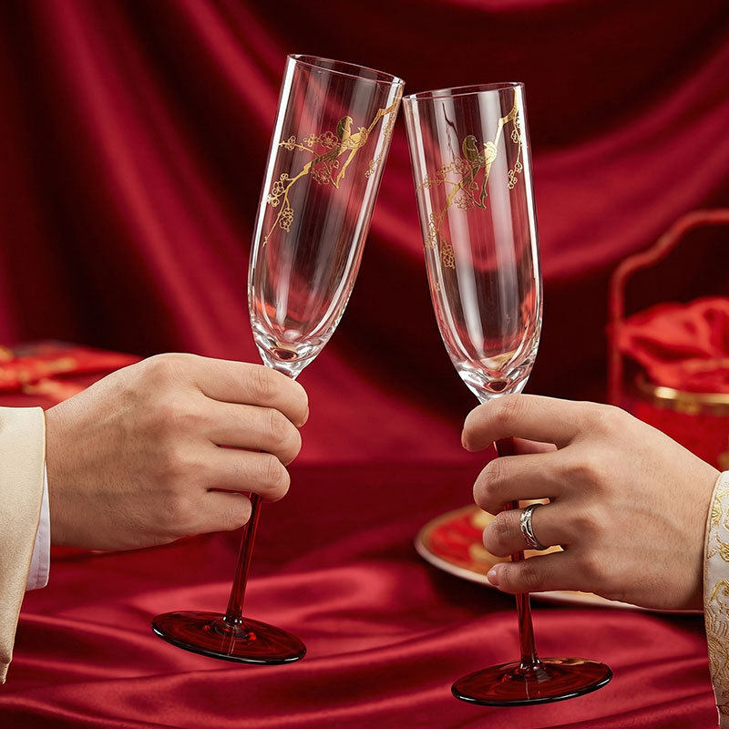 中式喜上眉梢香槟杯一对新婚礼物喜庆订婚新郎新娘敬酒杯红高脚杯