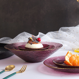 横纹金边玻璃盘家用餐具套装 日式 水果盘子甜品沙拉碗餐盘碟子精致