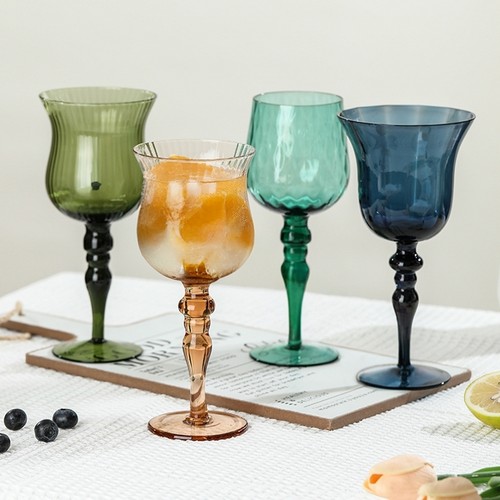 法式复古高脚杯彩色竖纹酒杯