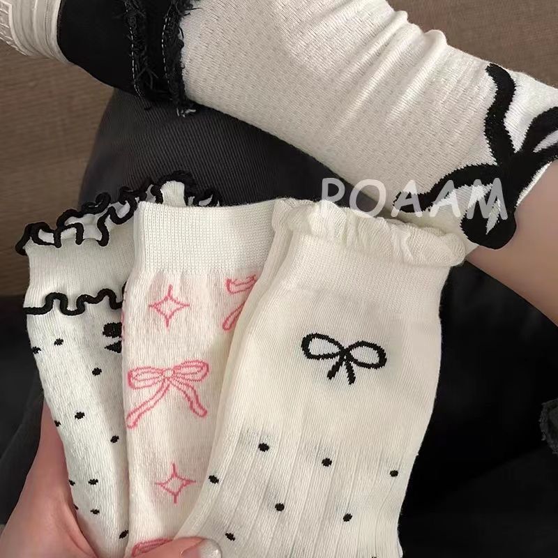 超仙夏季薄款芭蕾风少女木耳边长袜卷边蝴蝶结袜子女中筒袜