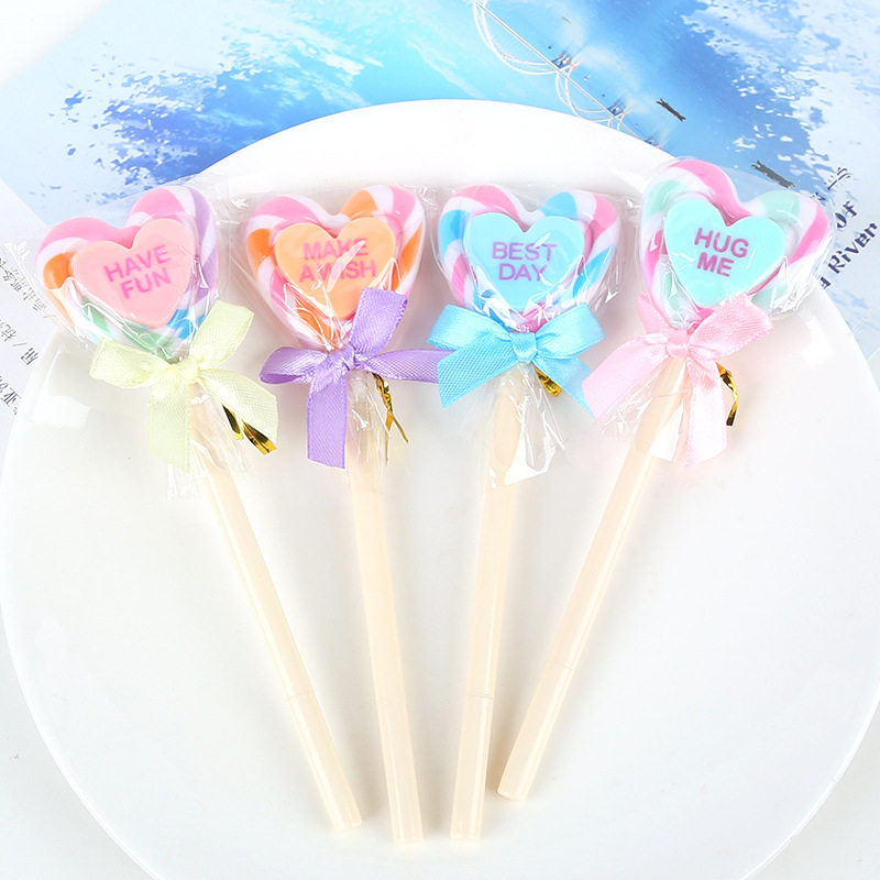 新款可爱棒棒糖圆珠笔创意仿真彩虹爱心蝴蝶结中性笔