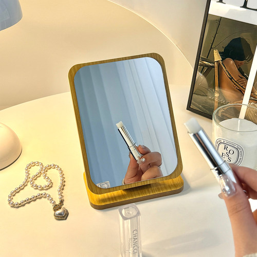 化妆镜家用梳妆台桌面台式木质边框小镜子学生宿舍可立折叠梳妆镜