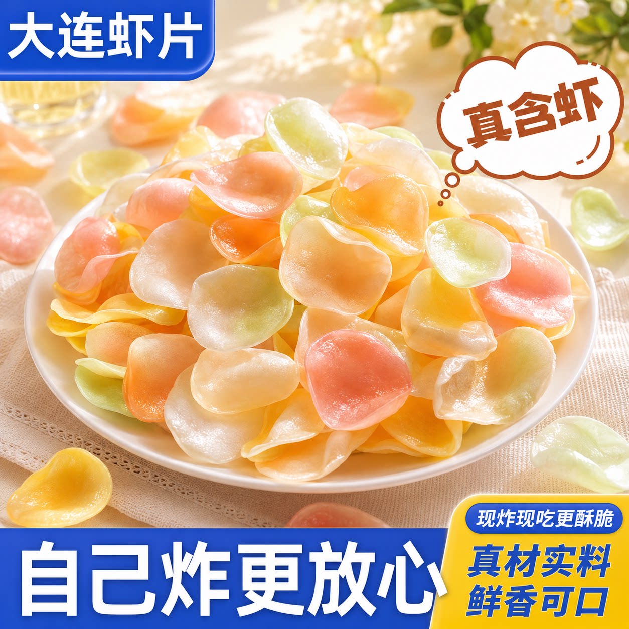 虾片自己炸无添加原味油炸彩色龙虾片怀旧8090后网红膨化休闲零食
