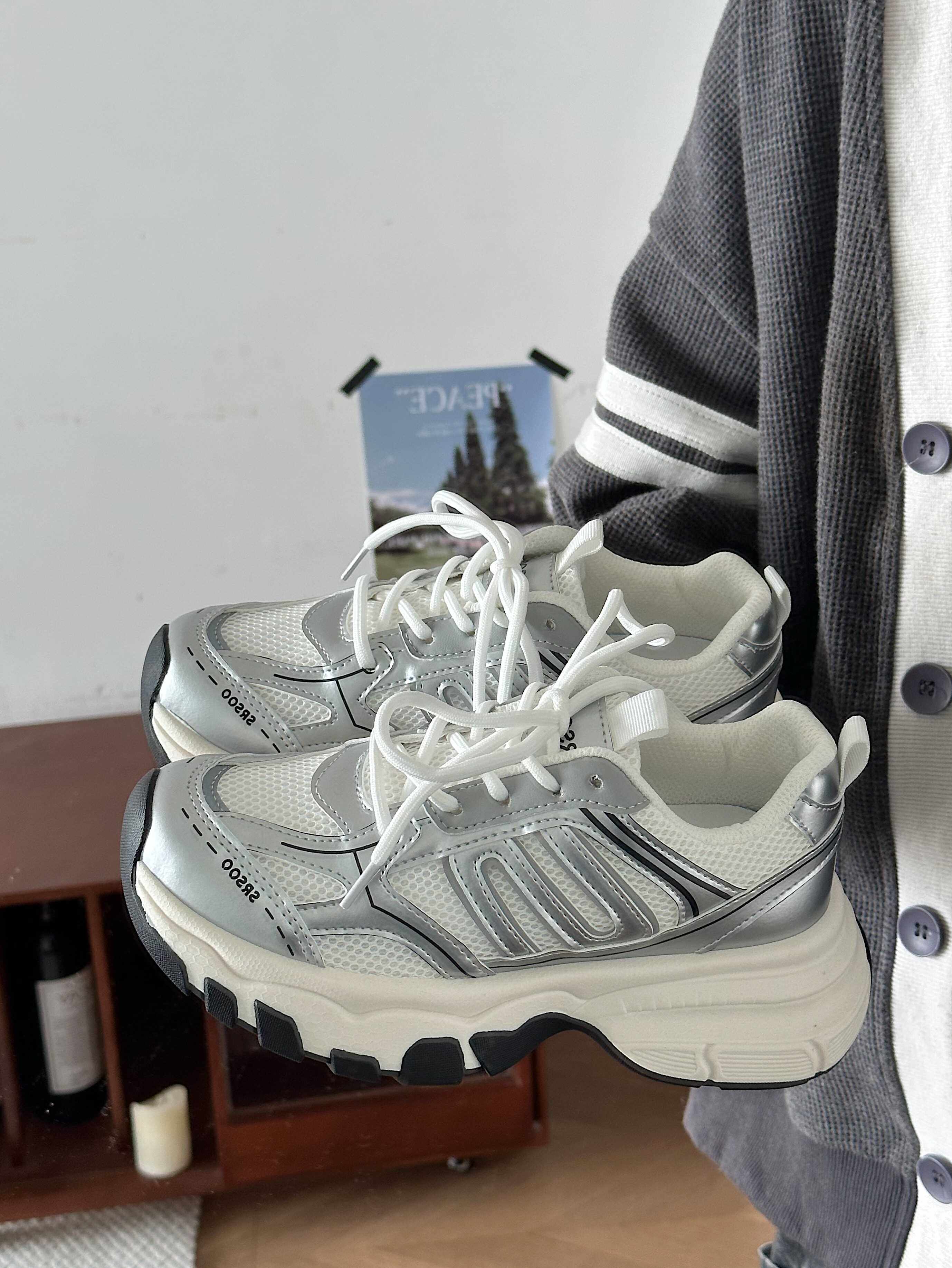 怪人李荒野夏末银色反光条拼色网面厚底老爹鞋女2024夏季运动鞋子