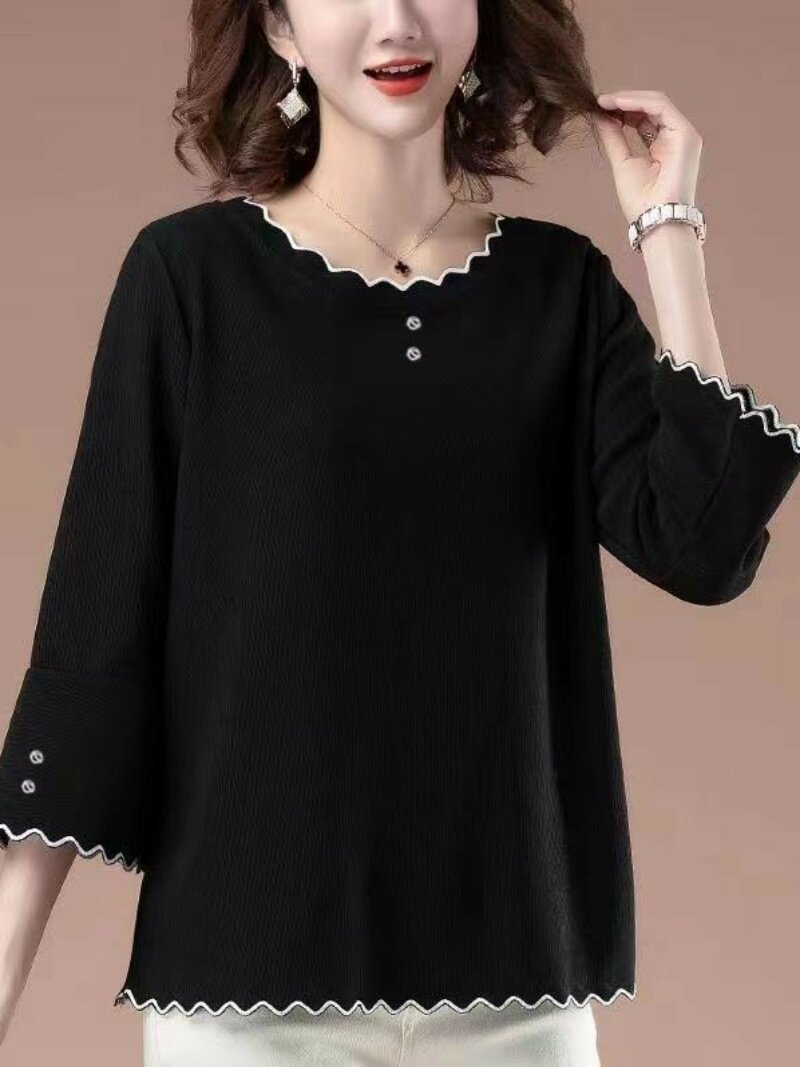 시원한 아이스 실크 탑 티셔츠 여성 중간 소매 한국 스타일 여름 중년 어머니복 루즈한 대형 7부 소매 여성 바닥 셔츠