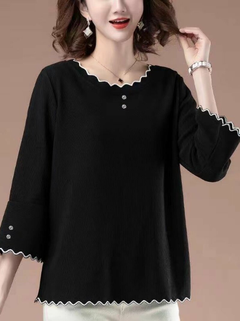 시원한 아이스 실크 탑 티셔츠 여성 중간 소매 한국 스타일 여름 중년 어머니복 루즈한 대형 7부 소매 여성 바닥 셔츠