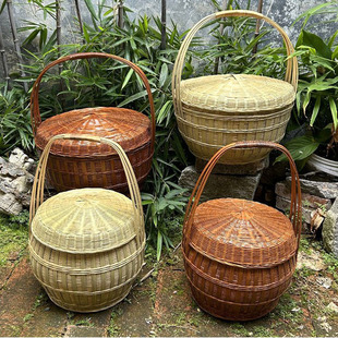 竹编带盖手提篮复古大号双层拜神篮户外野炊篮采摘篮节日喜庆喜篮