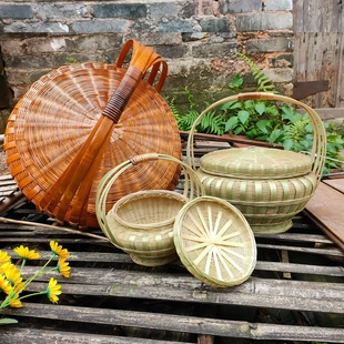 竹编带盖竹青原色复古色手提篮饭篮收纳篮家用拜神大提篮竹制品