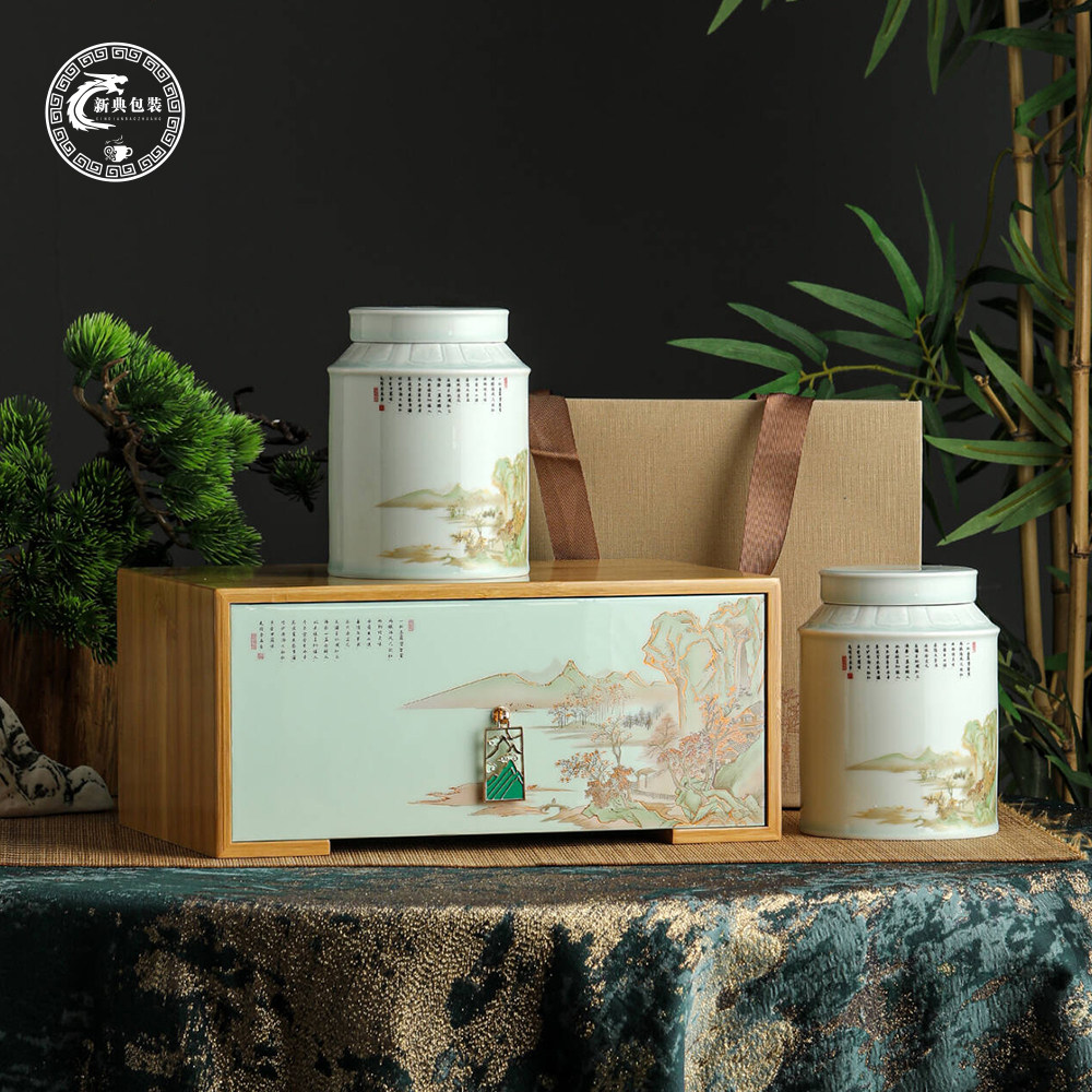 2025新款高端竹盒陶瓷罐茶叶罐龙井茶绿茶碧螺春半斤装方包礼盒装