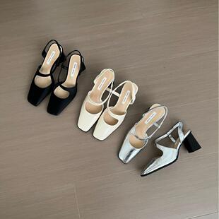女通勤一字带高跟鞋 年夏季 后绊带方头凉鞋 粗跟玛丽珍单鞋 新款