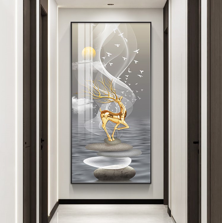 轻奢玄关装饰画玄幻大气高档金鹿走廊过道挂画入户正对门竖版壁画图片