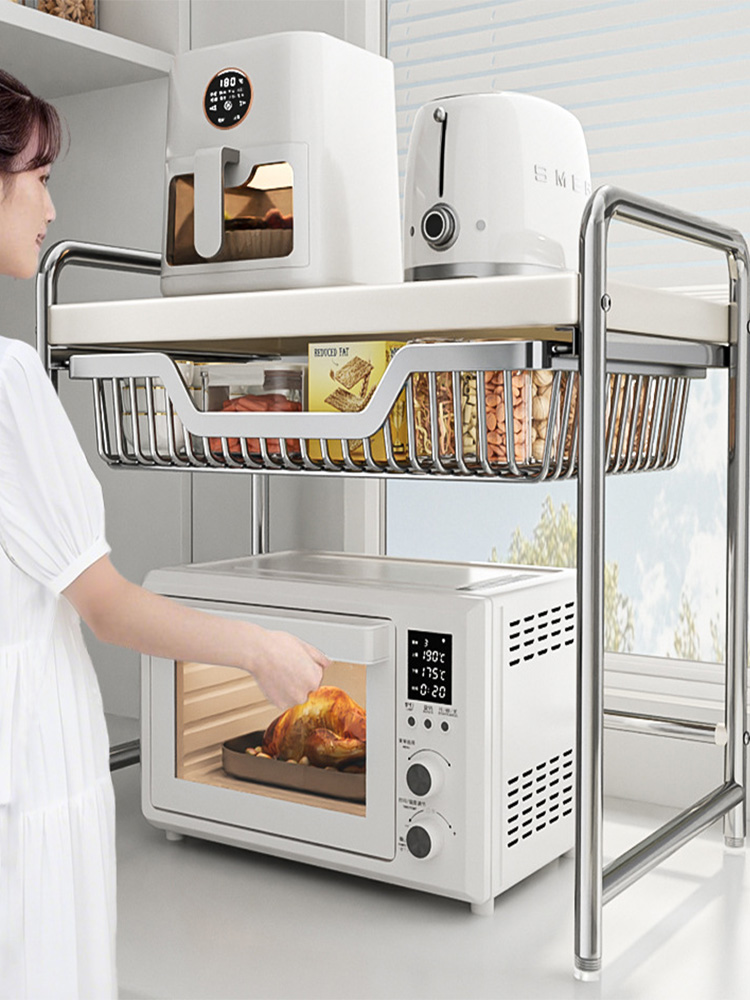 微波炉置物架厨房电饭煲抽拉式收纳架子家用台面多功能烤箱支架子