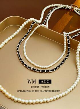 法式链条发夹鲨鱼夹皮革女珍珠