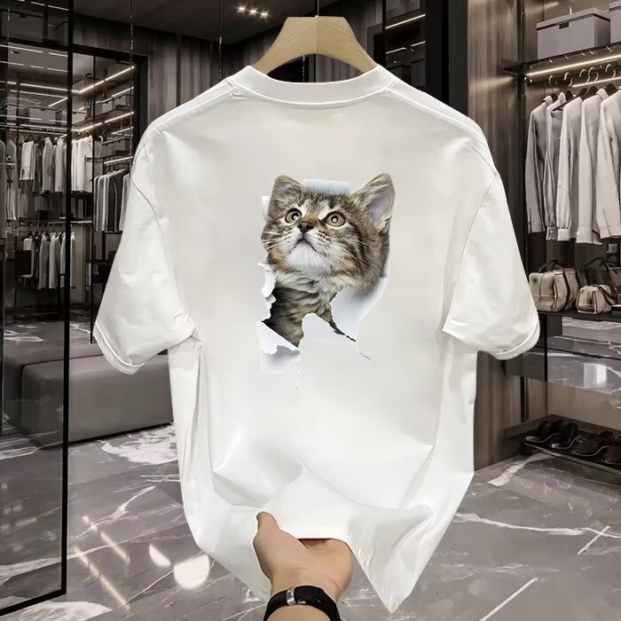 2024高品质男装夏季重磅纯棉短袖小猫创意印花设计感圆领上衣服潮