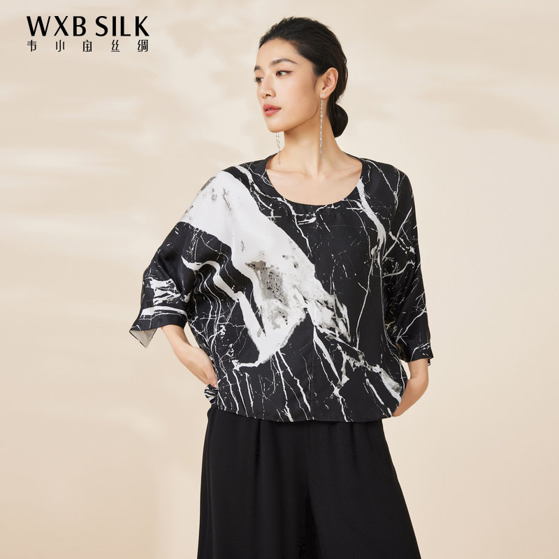 韦小宝春夏桑蚕丝圆领设计感气质波点衬衫真丝女士衬衣2091101001