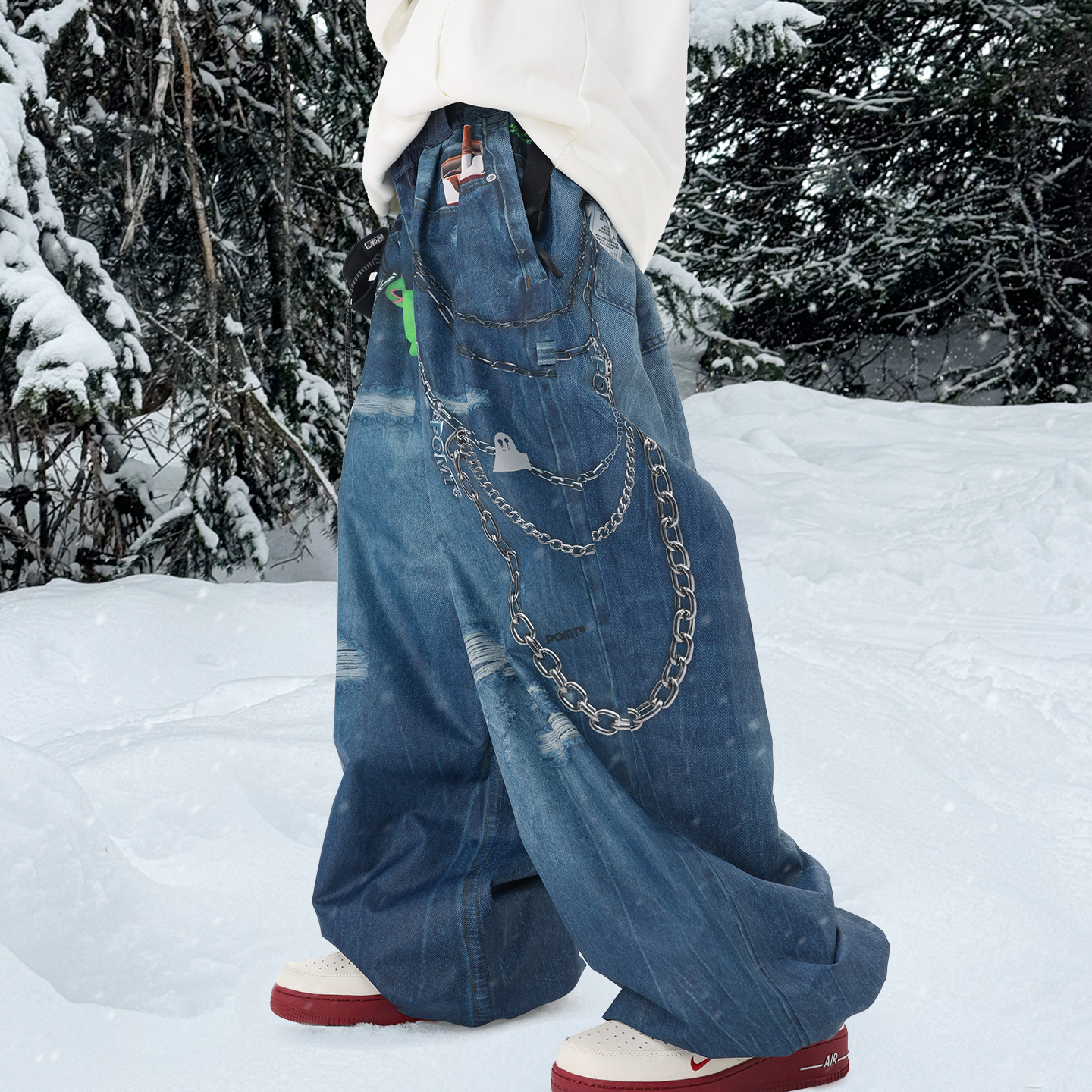 pomt仿牛仔风格宽松滑雪裤