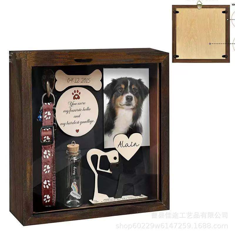 现货木质宠物相框翻盖式宠物玩具项圈收纳盒宠物成长纪念相框画框