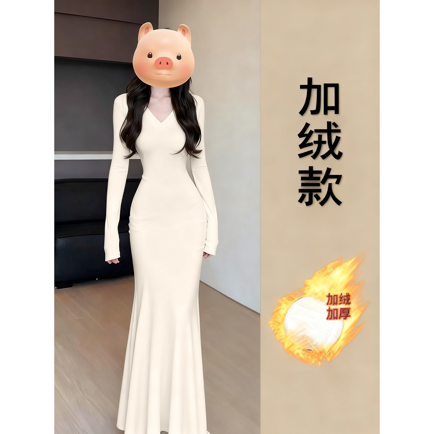 白色步步生莲鱼尾连衣裙女冬季加绒厚内搭针织冬天长款长裙子冬装