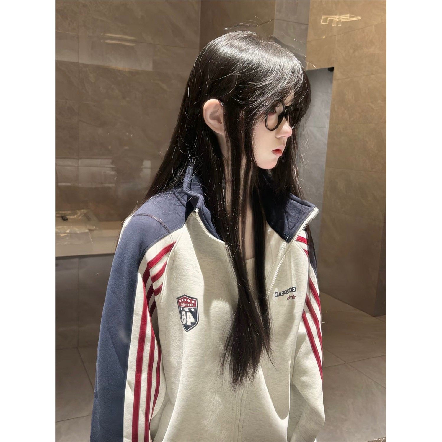 美式覆古撞色条纹徽章字母立领卫衣外套女春秋学院风开衫夹克上衣