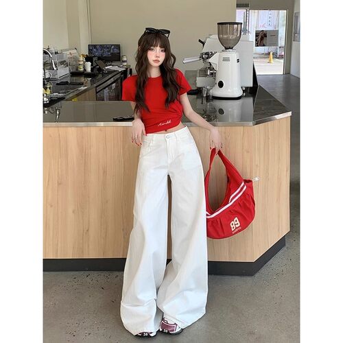 美式春季白色宽松阔腿高