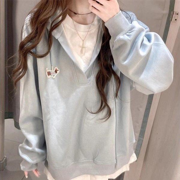 浅蓝色小狗刺绣假两件连帽运动衫女秋季宽松慵懒风设计感小众上衣