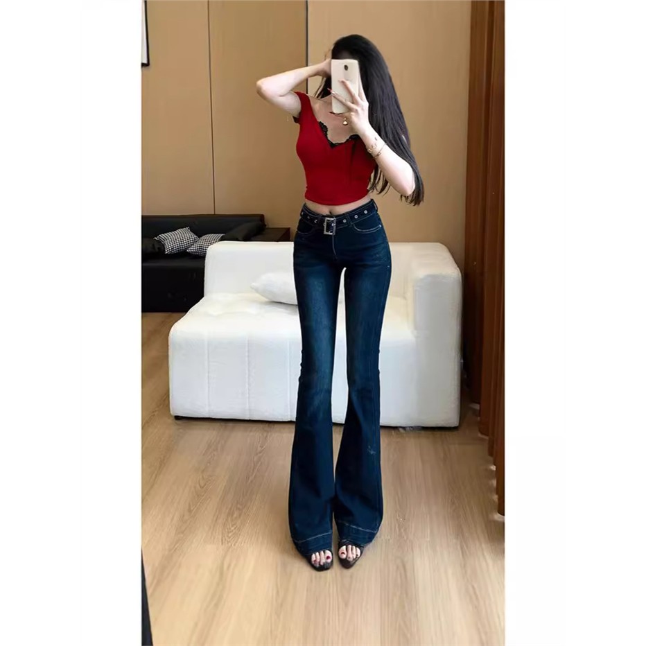 低腰紧身腰带微喇牛仔裤
