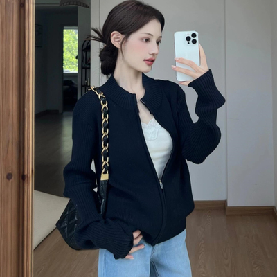 藏青色立领拉链针织开衫