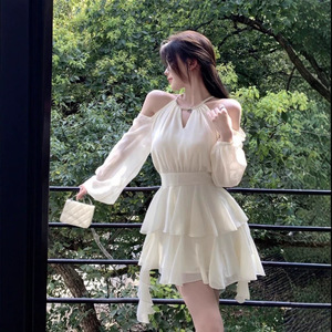 【雪纺+里布+拉链】法式长袖连衣裙仙女夏季仙气收腰雪纺短裙荷叶