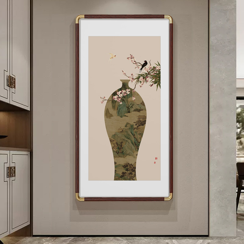 花鸟山水玄关装饰画新中式正对门入户走廊尽头背景墙挂画花瓶画 - 实物图