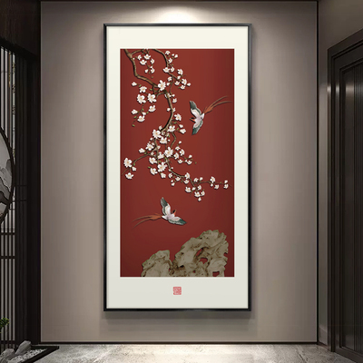 喜气盈门玄关装饰画新中式入户正对门喜上眉梢喜鹊寓意好过道挂画