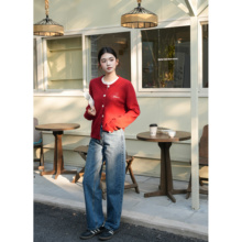 ICYNESS红色纯羊毛刺绣新年针织显瘦开衫短款高级温柔风秋冬外套