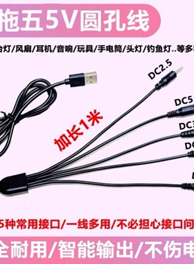 DC5V一拖五通用3.5mm圆形口充电线4.0圆头2.0台灯牙刷dc2.5圆孔5.5洁面仪洗脸仪玩具音响电动小风扇充电线USB