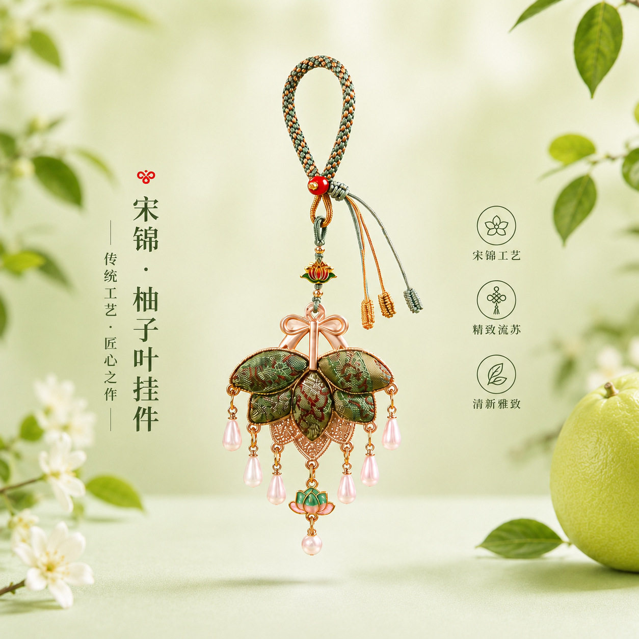 成品宋锦柚子叶钥匙扣挂件国风礼物包挂饰品手工编织寺庙挂饰