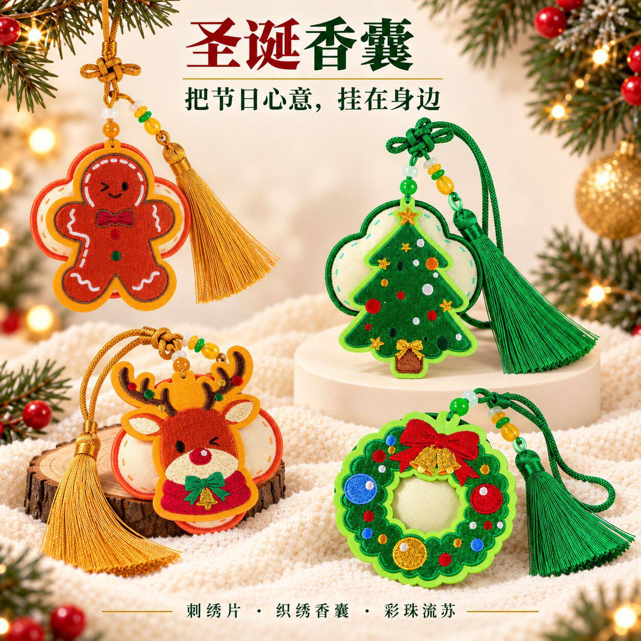 圣诞刺绣香囊挂件姜饼人麋鹿圣诞树花环流苏外贸礼品香囊