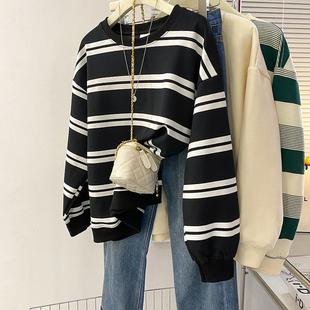 实拍条纹复合330G卫衣潮2025初秋新款薄圆领长袖t恤上衣韩版女装