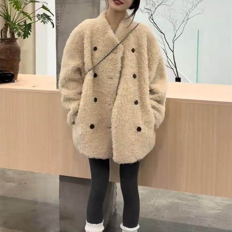 韩系双排扣毛毛绒外套女2025秋冬新款宽松中长款加厚皮毛一体大衣,女装/女士精品,皮草,淘宝优惠券,粉丝福利购,淘宝优惠卷