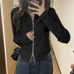 设计感小众POLO领正肩长袖T恤女春秋内搭短款打底衫高腰修身上衣