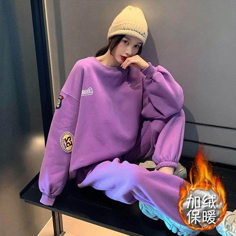 406#加绒加厚秋冬季时尚运动套装女学生韩版宽松卫衣休闲两件套