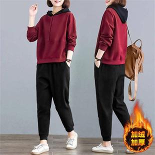 395#加绒加厚休闲运动服套装女秋冬季宽松连帽宽松大码卫衣两件套