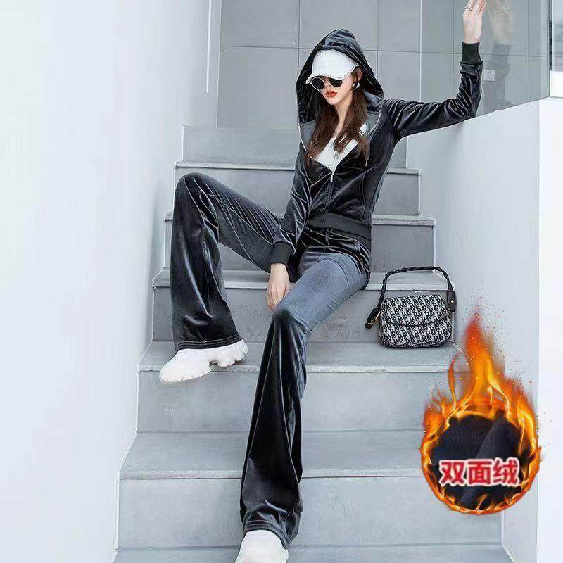 422#加绒加厚金丝绒运动套装女秋冬季新款时尚休闲服卫衣两件套